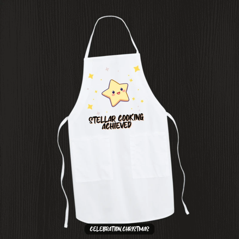 Funny apron designed with a twinkling star character doing a celebratory dive, perfect for holiday cooking.
