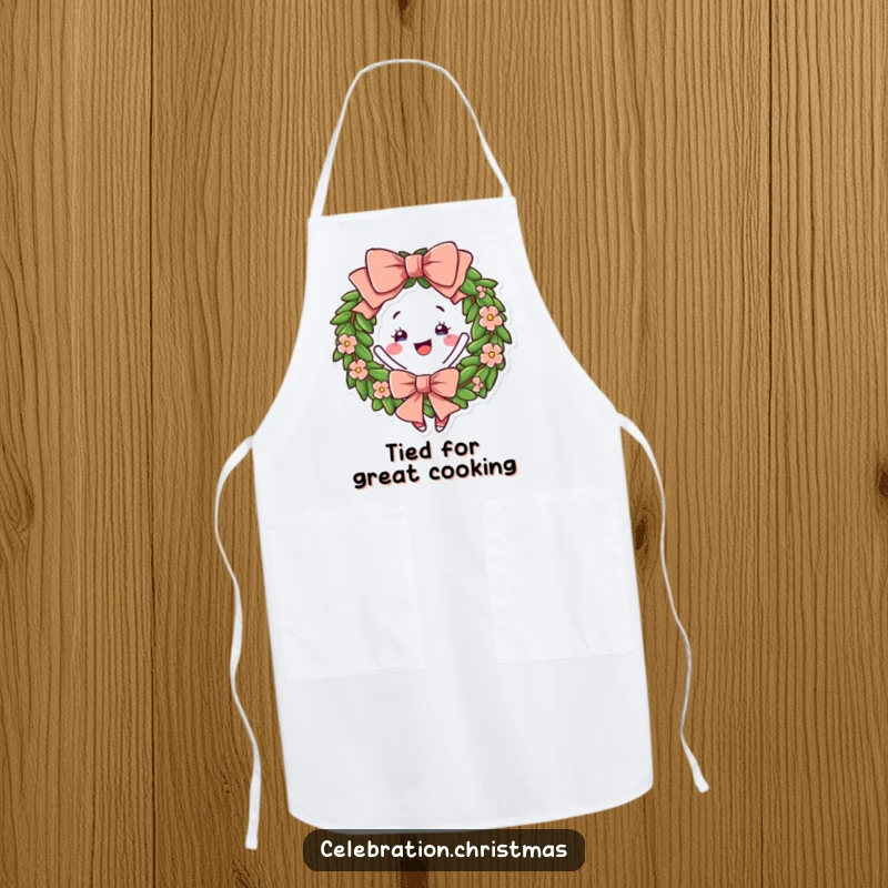 Funny Wreath Apron with a cheerful bow, shown twirling joyfully, perfect for holiday cooking with humor.