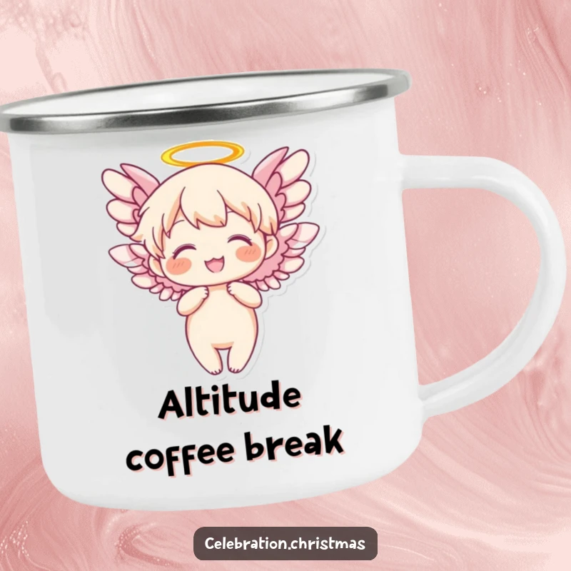 Funny Angel Camping Mug with joyfully flapping wings, built for adventure and carrying heavenly cheer.