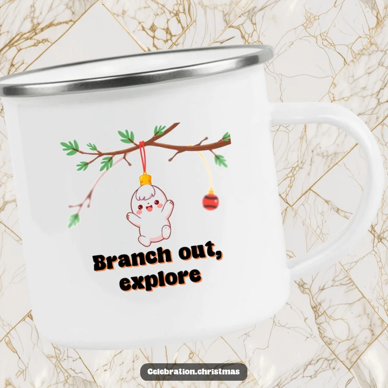 Funny Camping Mug featuring a cheerful ornament character spinning merrily from a branch, perfect for outdoor holiday enjoyment.