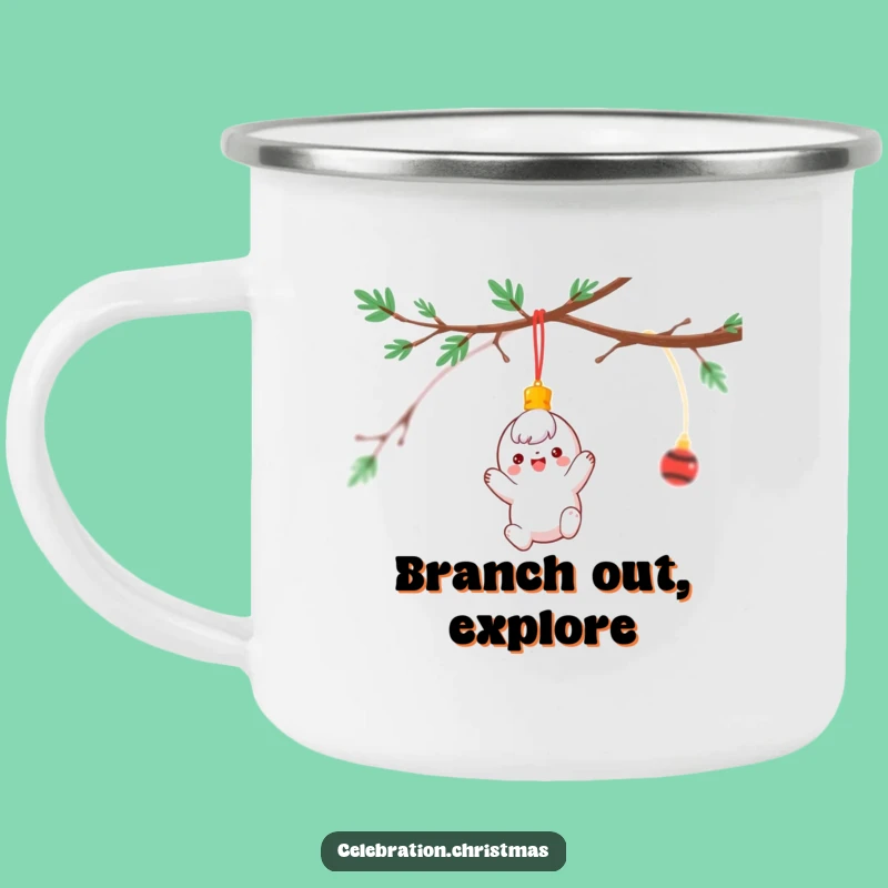 Funny Ornament Camping Mug: Cheerful Spinning Character Outdoor Holiday Cheer