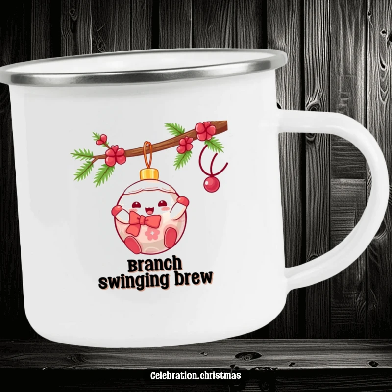 Funny kawaii Christmas ornament mug showing a gleeful character swinging, perfect for holiday-themed outdoor enjoyment.