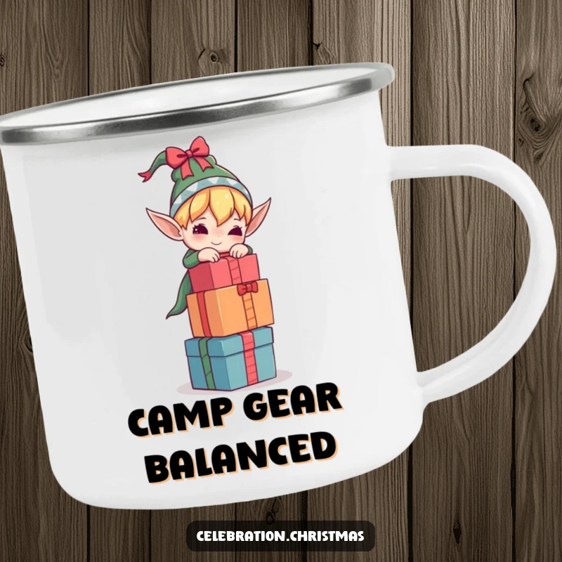 Funny elf camping mug with a character trying to balance a tall stack of gifts, ideal for outdoor use and holiday laughter.