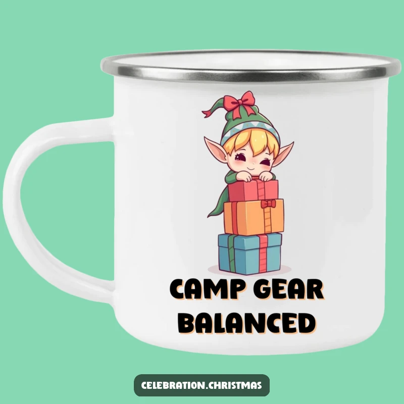 Funny Elf Camping Mug Balancing Gifts on the Go