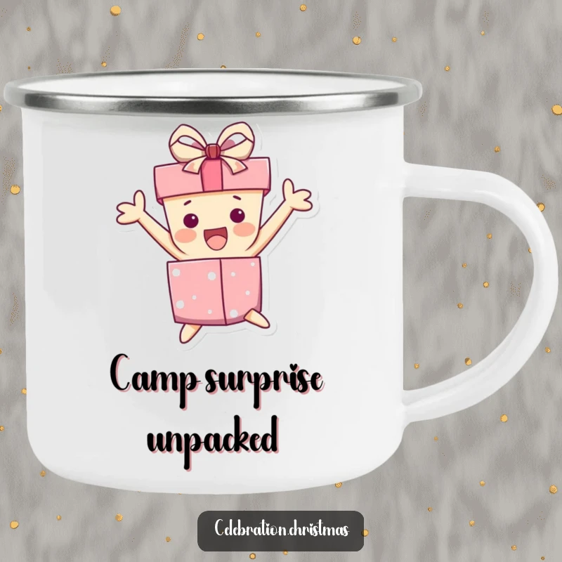 Funny camping mug showing a gift box character jumping with excitement, its ribbon askew, perfect for those who love adventure and fun.