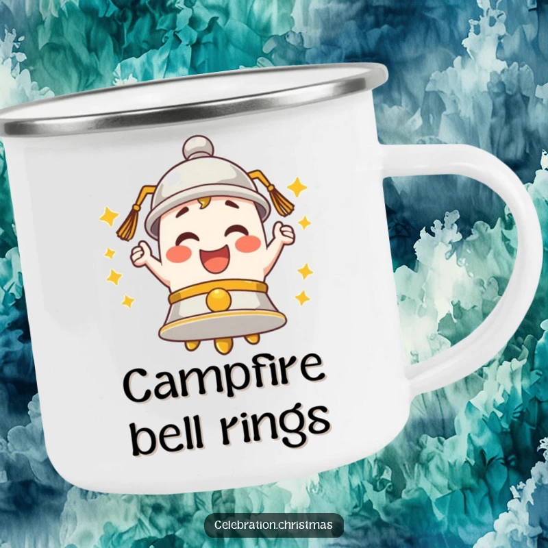 Funny Bell Camping Mug ringing with enthusiastic merriment, built for adventure and carrying joyful sounds.