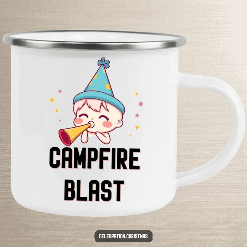 Funny party horn camping mug with a character in a festive hat blowing a horn, perfect for outdoor celebrations and hot drinks.