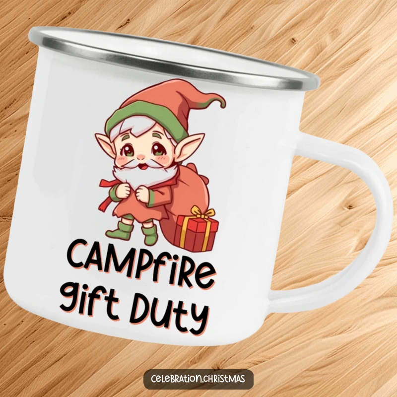 Funny Jolly Elf Camping Mug: Durable mug with a cheerful elf carrying a sack full of gifts, ready for outdoor holiday fun.