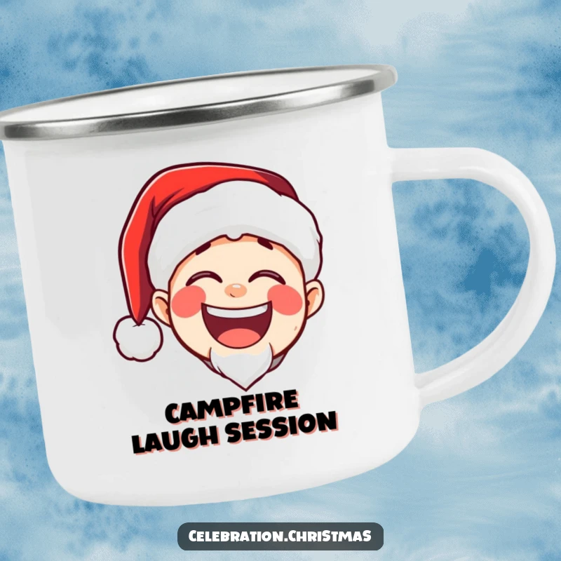 Funny camping mug showing a Santa hat character with a big, booming, joyful laugh, perfect for holiday camping trips.