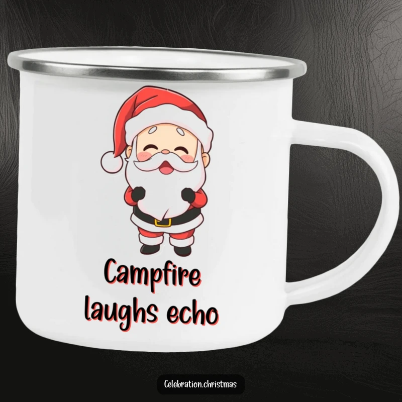 Funny camping mug with Santa Claus laughing heartily, his belly shaking, perfect for outdoor enthusiasts.