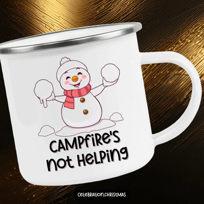 Funny Camping Mug: Mischievous snowman comically juggling melting snowballs, designed for outdoor fun and cozy moments.