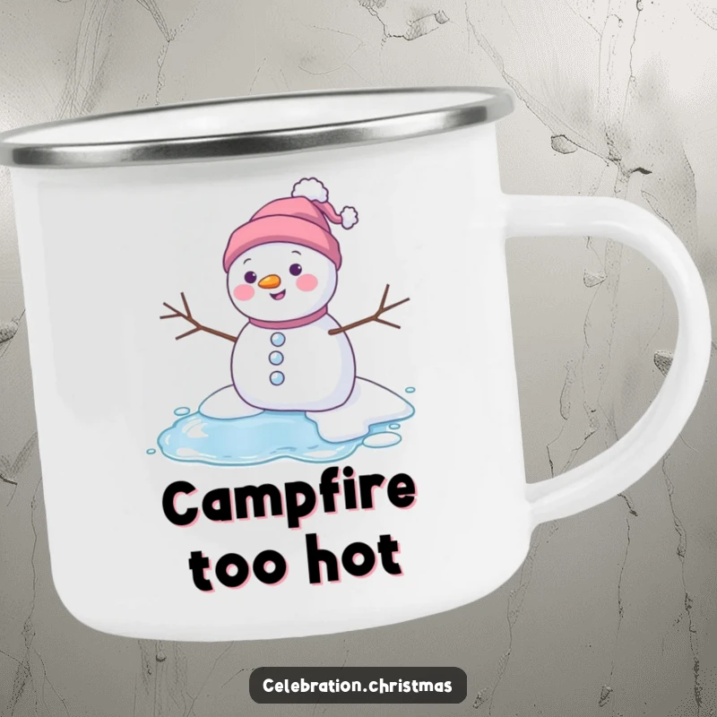 Funny melting snowman camping mug showing a character happily melting into a puddle, perfect for outdoor enjoyment with a humorous twist.