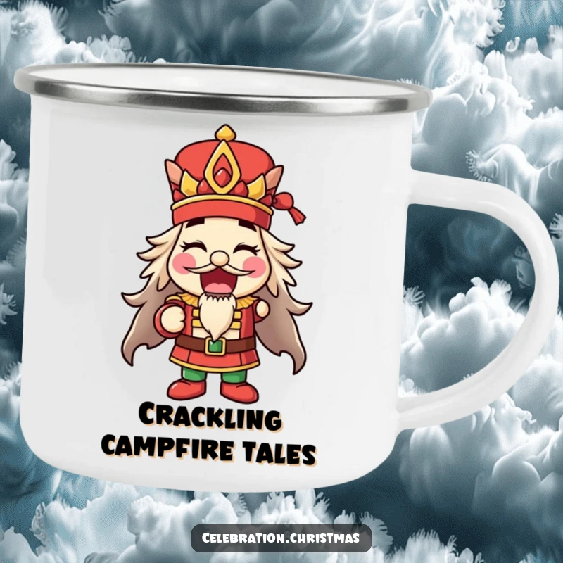 Funny happy nutcracker camping mug striking a pose with mouth open, perfect for outdoor trips and a funny gift.
