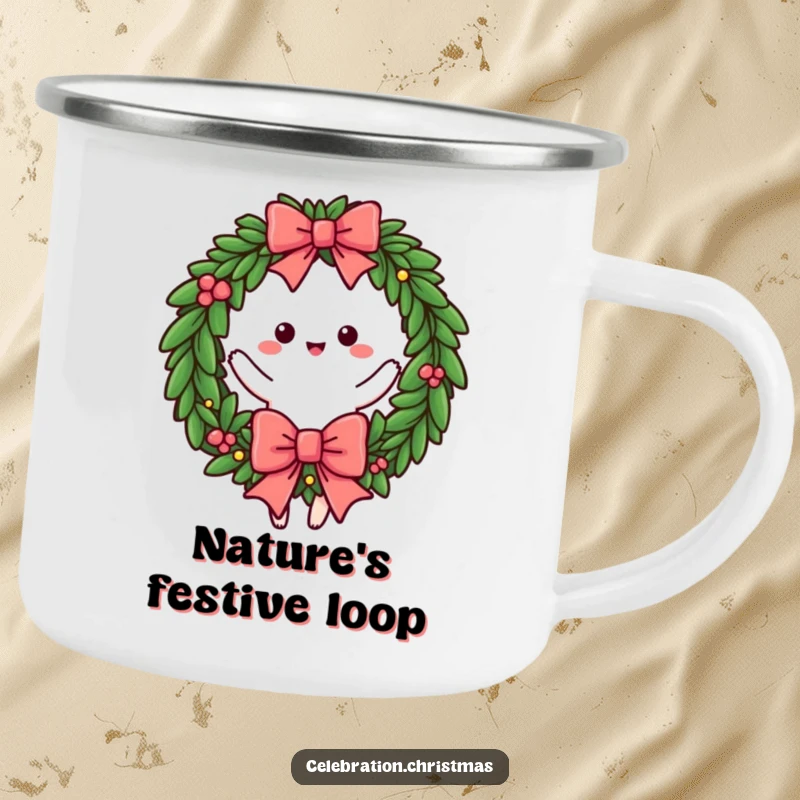 Funny and durable camping mug featuring a festive wreath character twirling with a big bow, ideal for outdoor holiday cheer, funny gift.