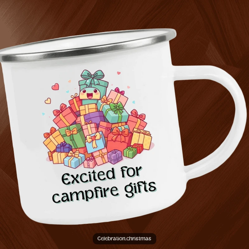 Funny Camping Mug: Pile of presents comically bouncing with excitement, designed for rugged adventures and cheerful mornings outdoors.