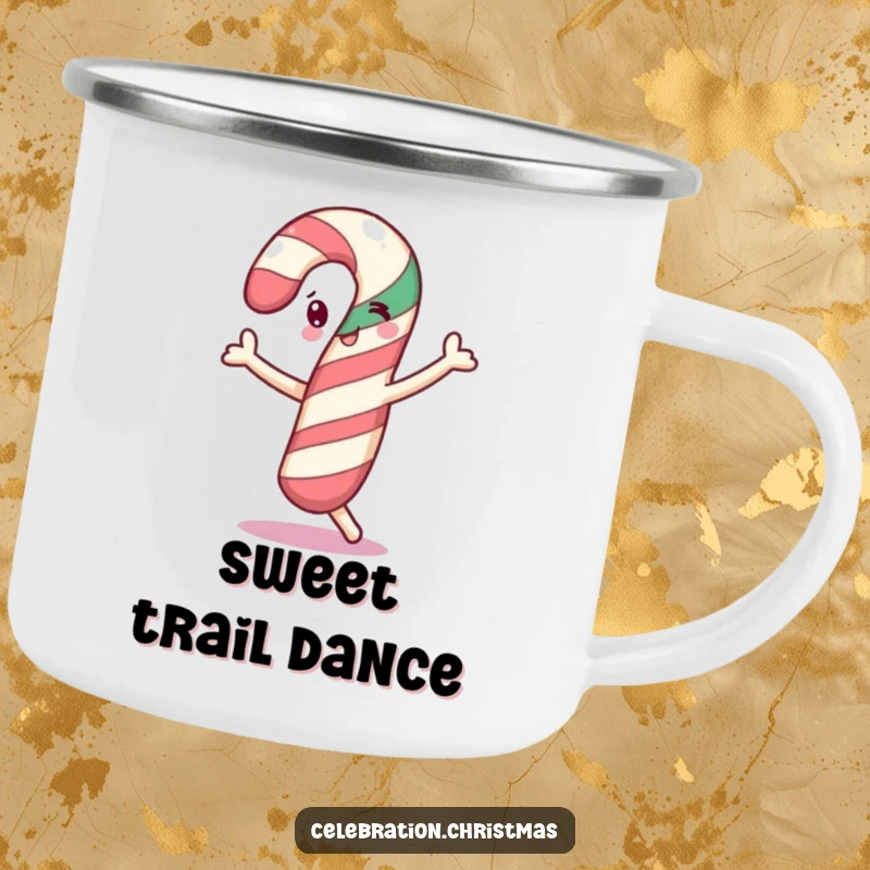 Funny cheerful candy cane camping mug doing a little dance, perfect for outdoor trips and a funny gift.