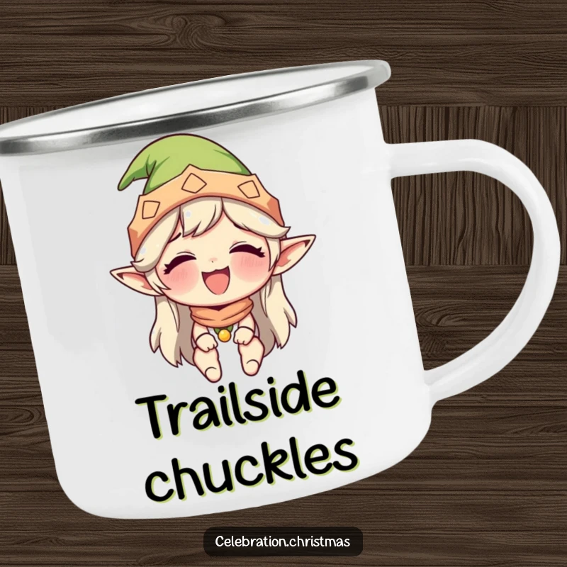 Funny camping mug featuring a character in an elf hat, giggling uncontrollably, ideal for outdoor enthusiasts who appreciate humor.