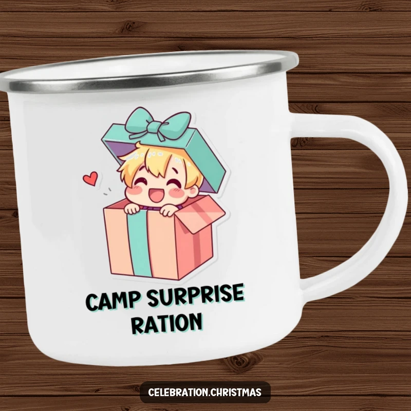 Funny enamel camping mug with a gift box character joyfully popping open to reveal a surprise, perfect for cheerful outdoor sipping.
