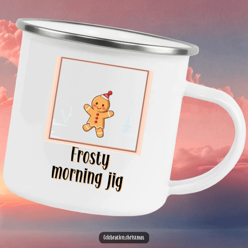 Funny gingerbread cookie camping mug, depicting a cookie doing a silly jig on a frosty windowpane, ideal for outdoor enjoyment.