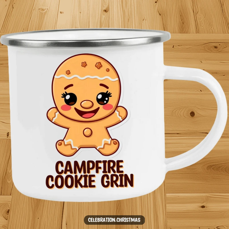 Funny camping mug showing a gingerbread man character with a wide, happy cookie grin, perfect for outdoor festivities.