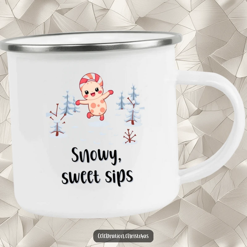 Funny kawaii candy cane camping mug showing a festive character cartwheeling, perfect for holiday-themed outdoor enjoyment.