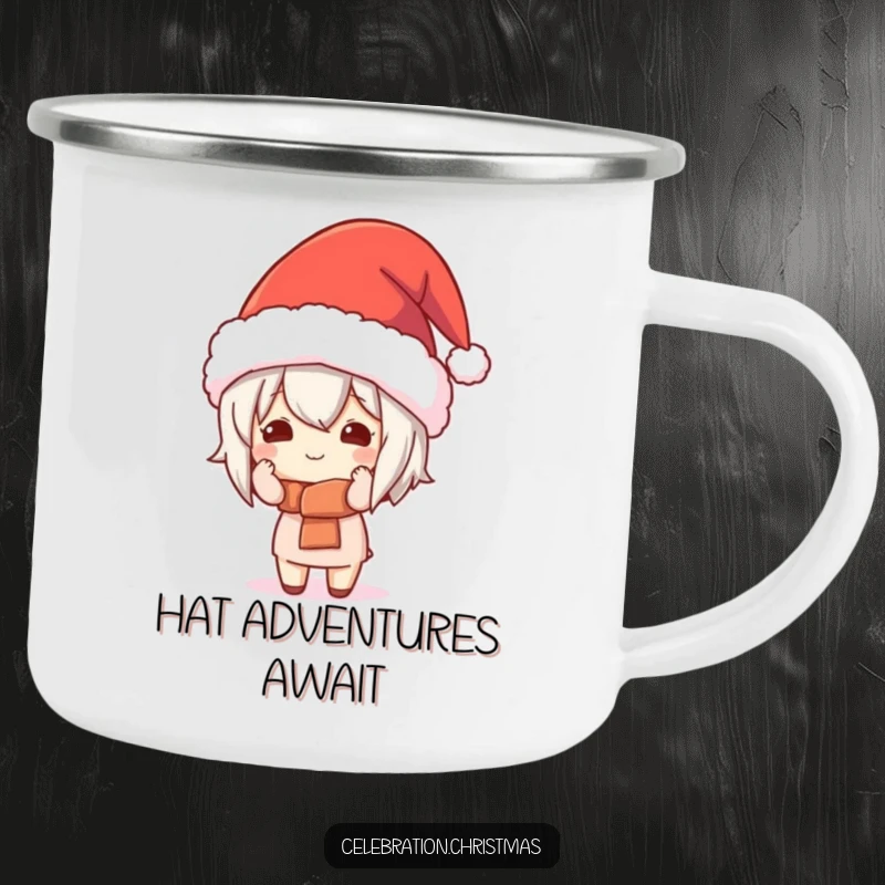 Funny Kawaii Character Camping Mug: A cute character comically sports a huge festive hat, perfect for outdoor holiday drinks.