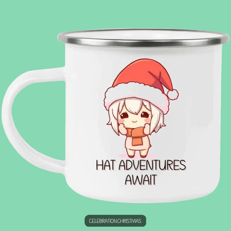 Funny Kawaii Character Festive Hat Camping Mug - Enjoy Coffee with Hilarious Outdoor Holiday Vibes!