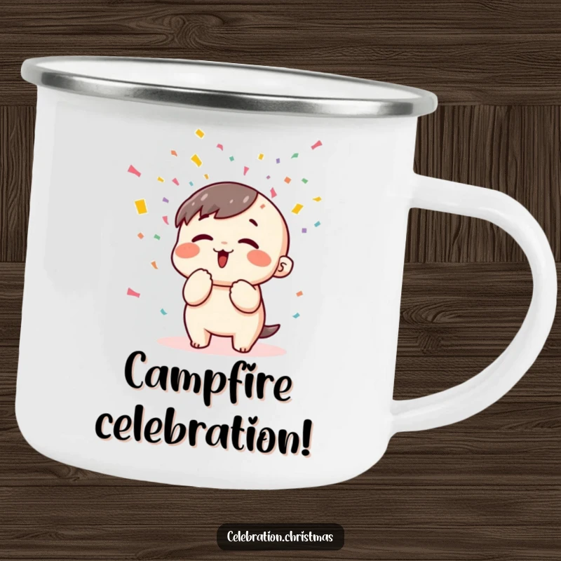 Funny kawaii character blowing colorful confetti with gusto on a durable, funny camping mug, perfect for celebrations.