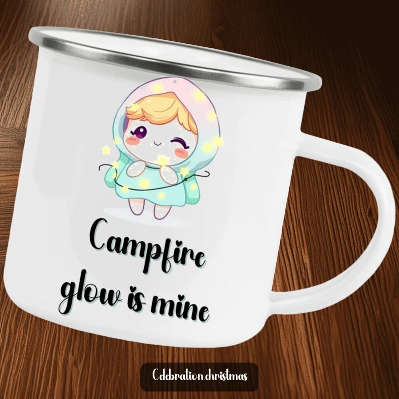 Funny Kawaii Character Camping Mug: A cute character joyfully wrapped in twinkling fairy lights, perfect for outdoor drinks.