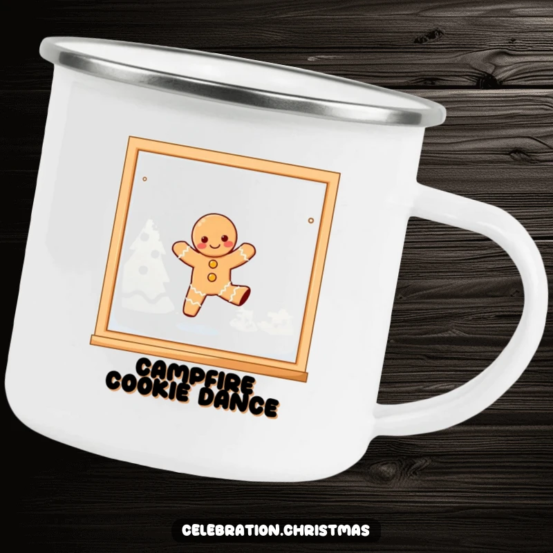 Funny, joyful kawaii gingerbread person playfully dancing on a frosted window pane on a sturdy camping mug.