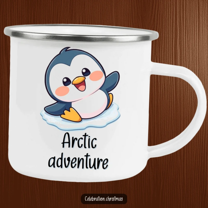 Funny, happy kawaii penguin slipping and sliding on ice with a big grin on a sturdy camping mug.