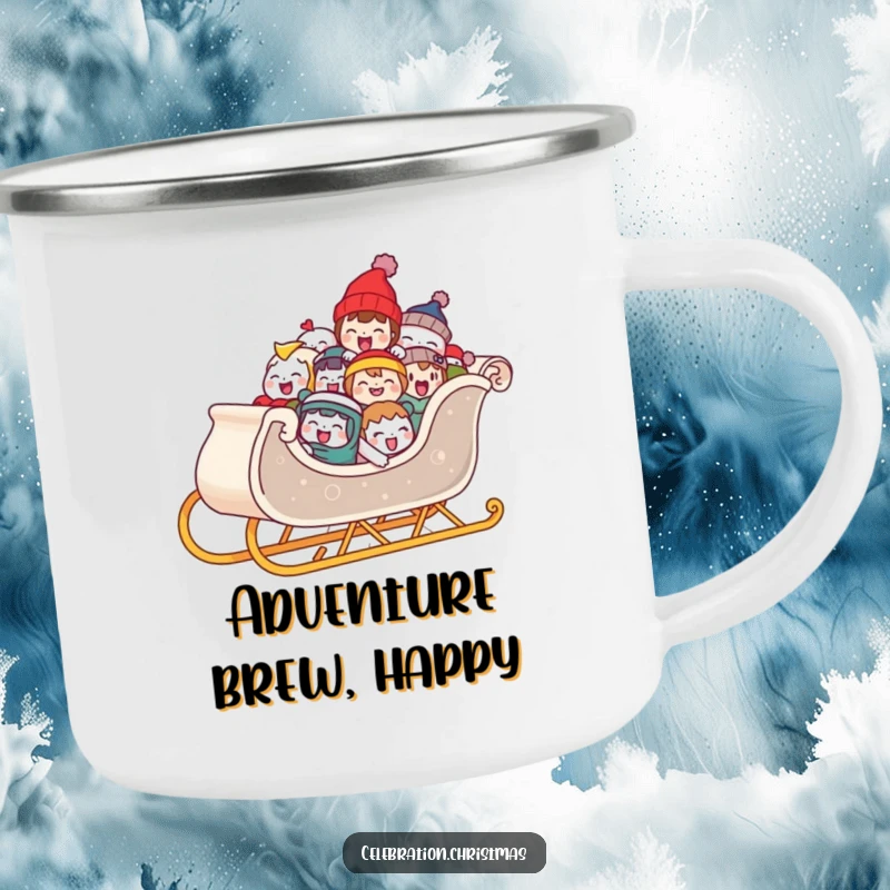 Funny enamel camping mug with a sleigh overflowing with laughing characters, perfect for cheerful outdoor sipping during the holidays.