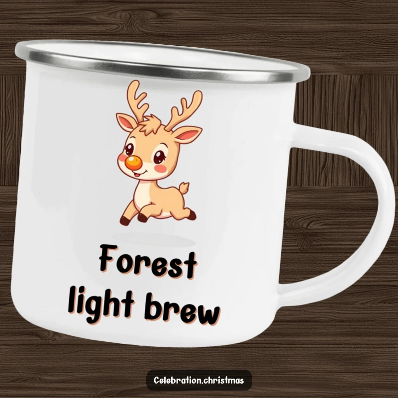 Funny enamel camping mug featuring a reindeer with a glowing nose, prancing happily, great for outdoor drinks.