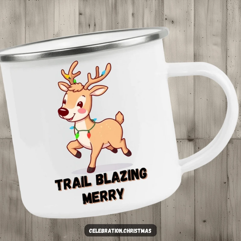 Funny reindeer camping mug featuring a smiling, prancing character with lights, perfect for festive outdoor fun.