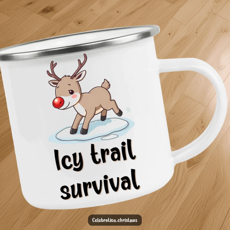Funny reindeer camping mug, depicting a reindeer with a bright red nose comically slipping on ice, ideal for outdoor enjoyment.