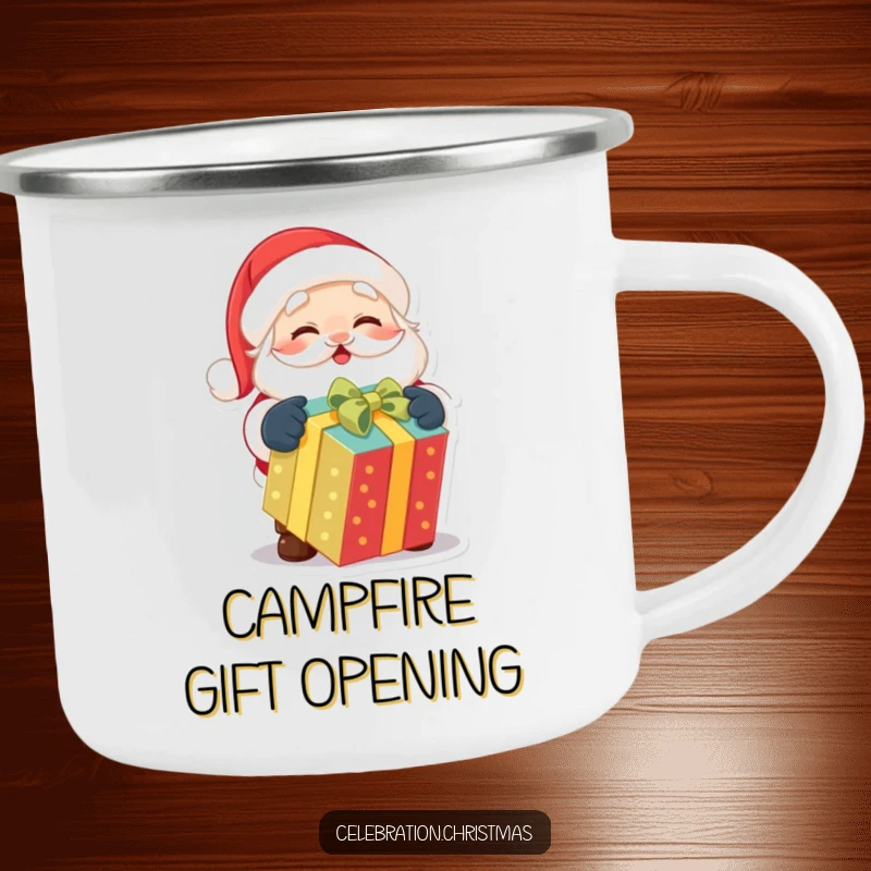 Funny camping mug of a cute Santa Claus character excitedly unwrapping a colorful gift, ready for outdoor festivities.