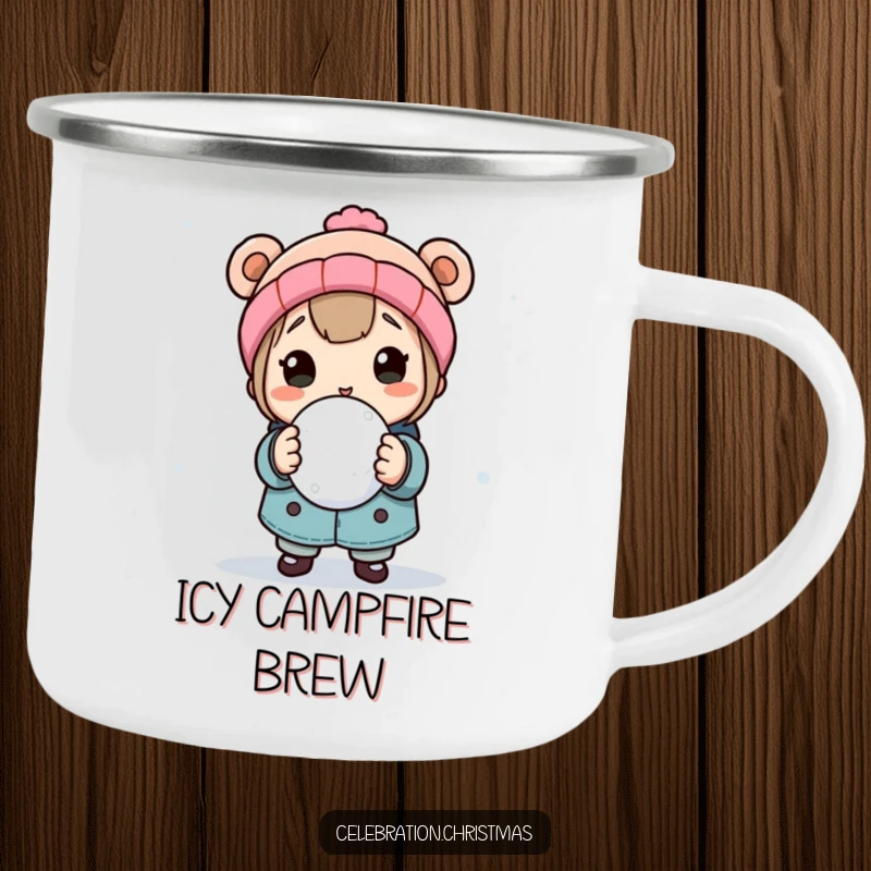 Funny enamel camping mug with a character holding a snowball, ready for a playful throw, perfect for cheerful outdoor sipping.