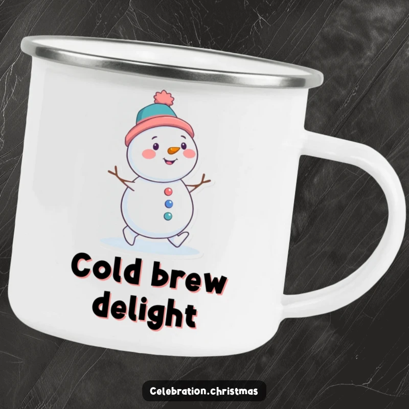 Funny camping mug showing a snowman character with a tilted hat, waddling with delight, perfect for winter outdoor activities.