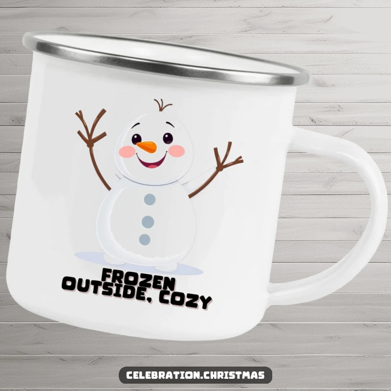 Funny snowman camping mug featuring a cheerful character waving, designed for outdoor fun and spreading winter smiles.