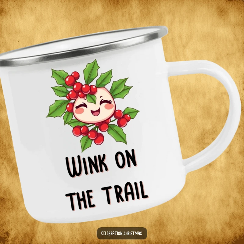 Funny winking holly branch camping mug with cheerful berries, perfect for outdoor trips and a funny gift.