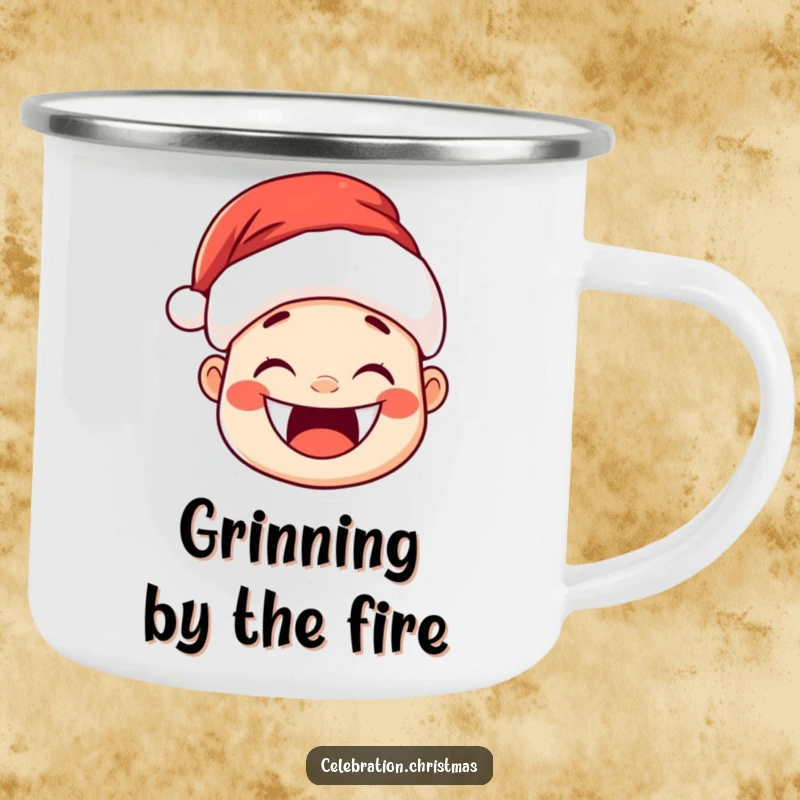 Funny Kawaii Santa Hat Camping Mug: A cute Santa hat character with a huge, joyful grin and rosy cheeks.