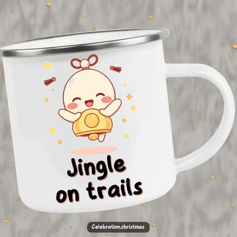 Funny Bell Character Camping Mug: A festive bell character jingling with pure, unadulterated delight, ideal for adventures.