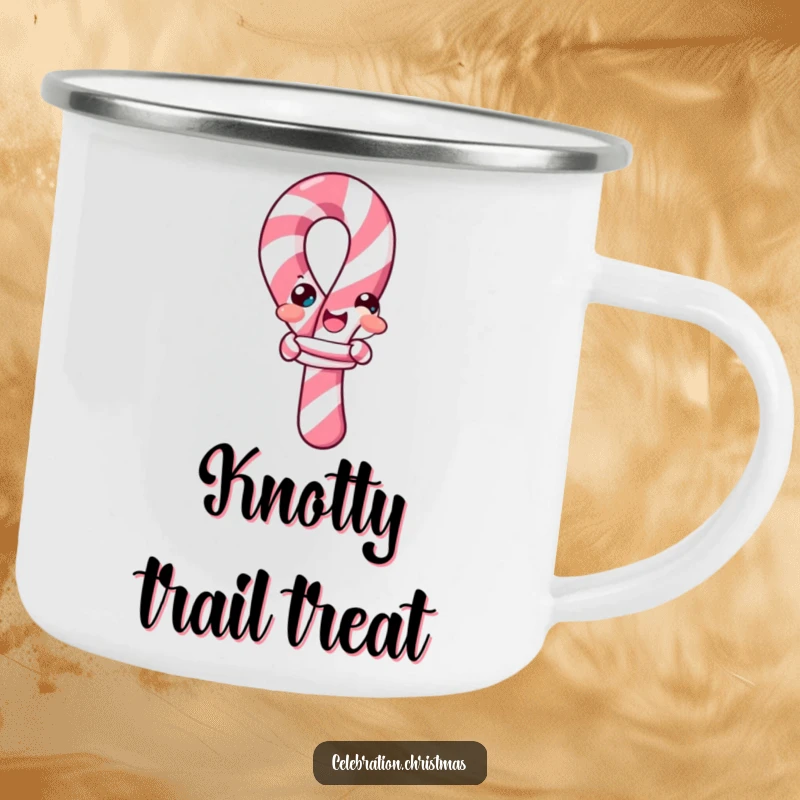 Funny candy cane camping mug, depicting a candy cane comically trying to tie itself into a knot, ideal for outdoor enjoyment.