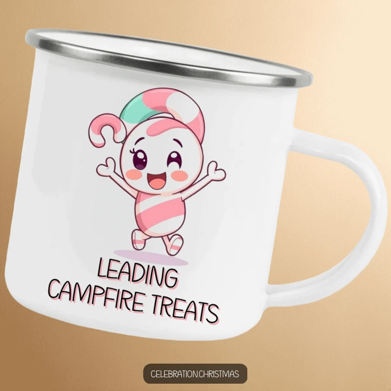 Funny Candy Cane Camping Mug: A sweet candy cane character excitedly leading the way, ideal for outdoor holidays.