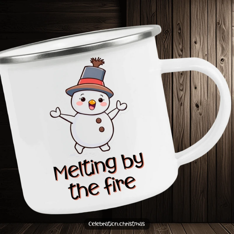 Funny Snowman Camping Mug with a tilted hat, depicted waddling with delight, built for adventure and smiles.