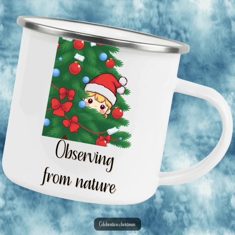 Funny camping mug featuring a Santa hat character peeking out, perfect for hot drinks during outdoor holiday adventures.