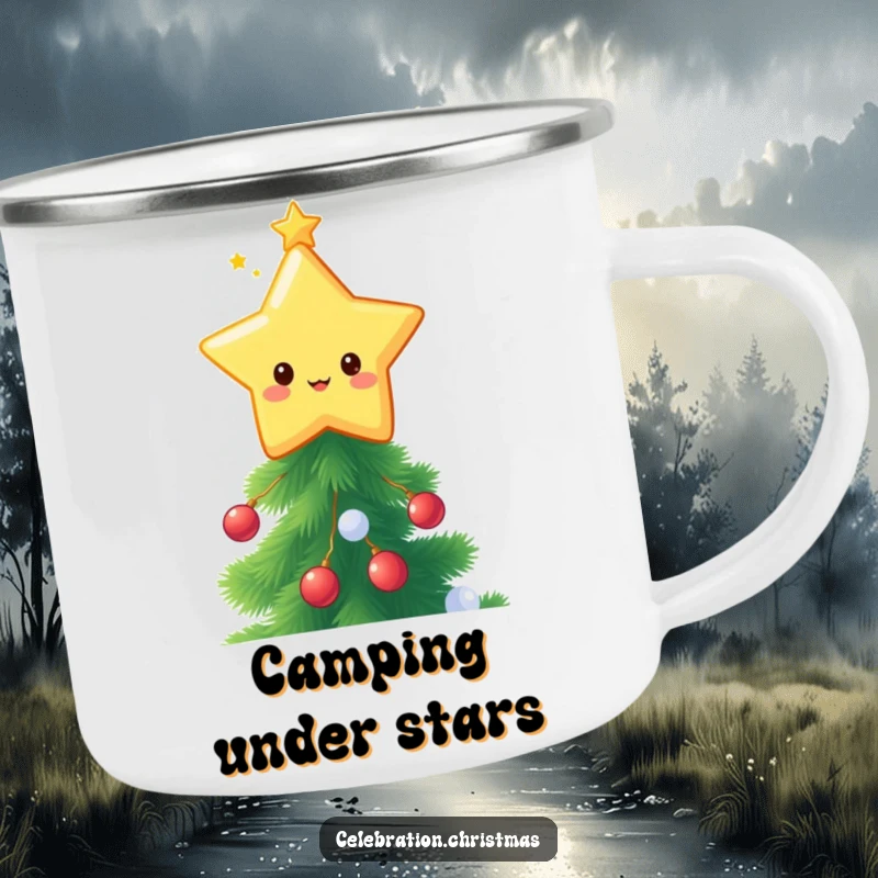 Funny kawaii star topper camping mug, a cute star character twinkling atop a festive tree, ideal for outdoor use.