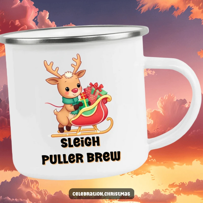 Funny camping mug showing a kawaii reindeer happily pulling a sleigh loaded with presents, perfect for enjoying drinks during holiday adventures.