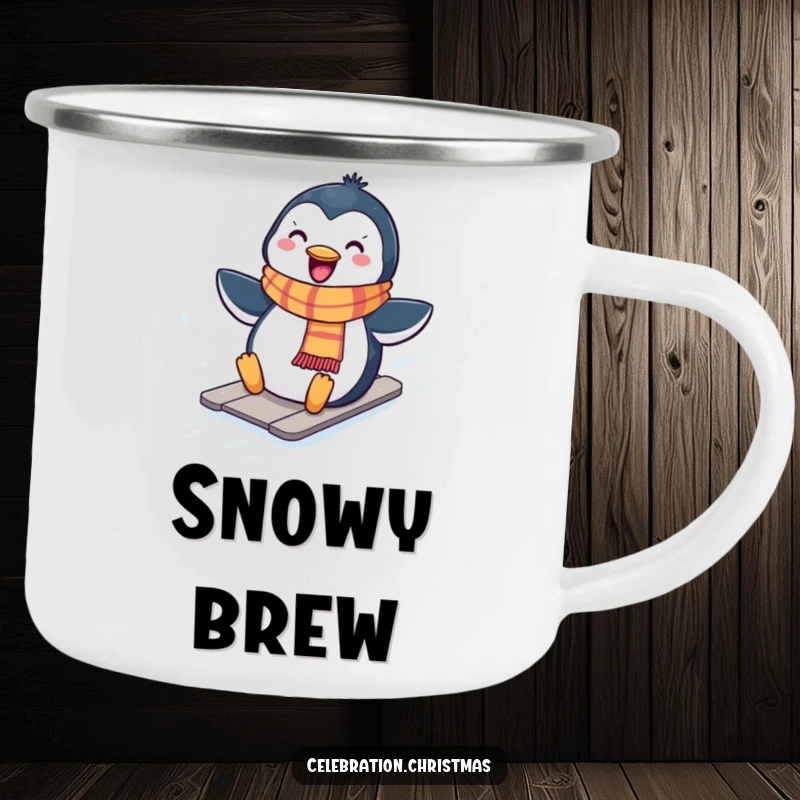 Funny Kawaii penguin camping mug of a cute penguin in a scarf sliding down a snowy hill, durable for travel.