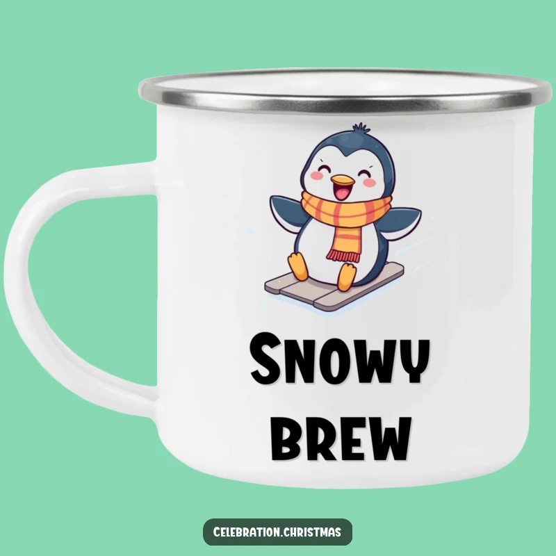 Funny Kawaii Penguin Sliding Camping Mug, Outdoor Winter Fun, Humorous Gift